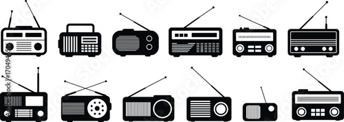 A classic collection of various radio silhouettes, representing vintage technology, media, and retro style for broadcasting and communication designs.