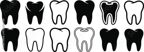 A versatile collection of various teeth silhouettes, perfect for dental care, oral hygiene, and dentistry concepts, showcasing healthy teeth on a white background.