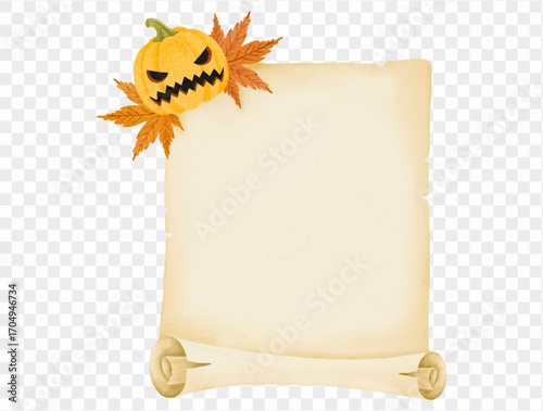 Watercolor scroll halloween parchment decorated with pumpkin and autumn leaf Vector.