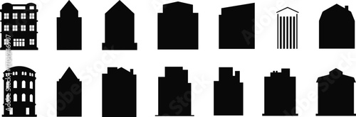 A versatile set of various building silhouettes, including classic and modern styles, perfect for urban design, architecture, and cityscapes.