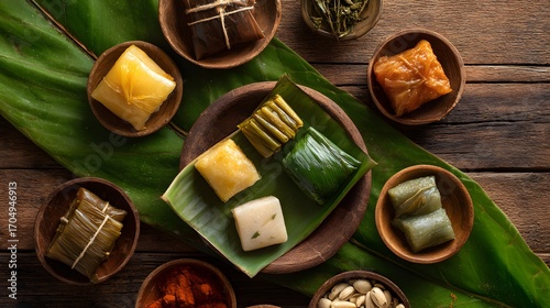 Thai thong yip and thong yod sweets in banana leaf, wood background with top-left space 