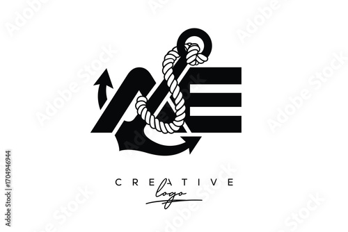 AE Creative Monogram Latter Logo with Anchor and Rope Design Minimalistic Logo Design 