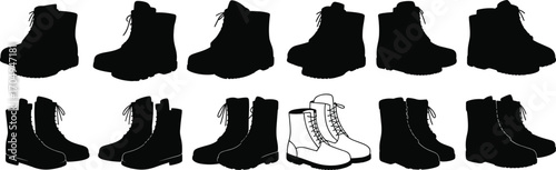 A versatile collection of various boot silhouettes, including military and combat styles, representing adventure, work, and rugged fashion, isolated on white.