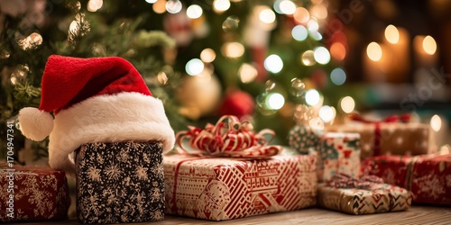 Festive holiday gifts wrapped in colorful paper with a Santa hat and twinkling lights
