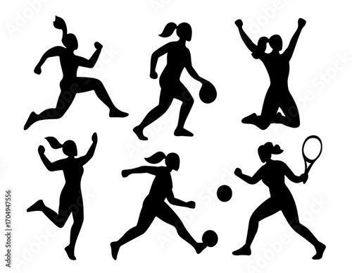 Women in sports silhouette vector set with strong female athletes, dynamic action poses, and bold sports art
