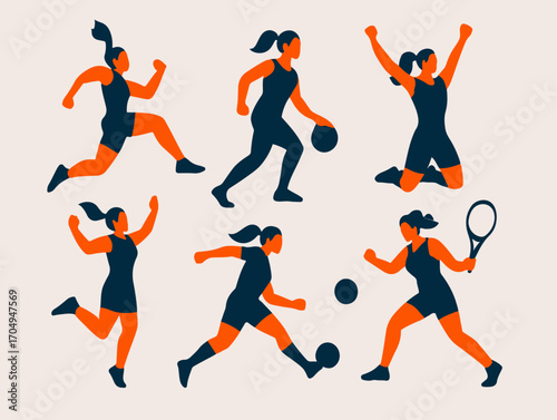 Women in sports vector set with strong female athletes, dynamic action poses, and bold sports art