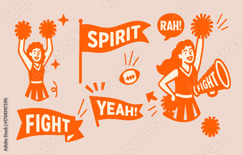 Mascot and team spirit vector set with animal mascots, flags, cheer icons, pep rally art, and sports energy