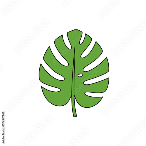 A simple vector illustration of a single green Monstera deliciosa leaf with fenestrations, isolated on a plain white background.