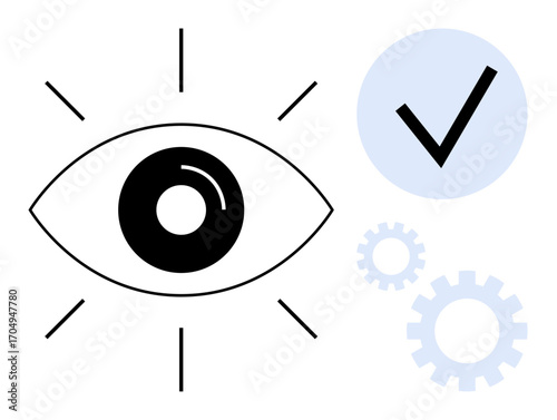 Large eye icon symbolizing vision, surrounded by a checkmark and gears representing validation, quality assurance, and process management. Ideal for business, strategy, efficiency, insight, planning