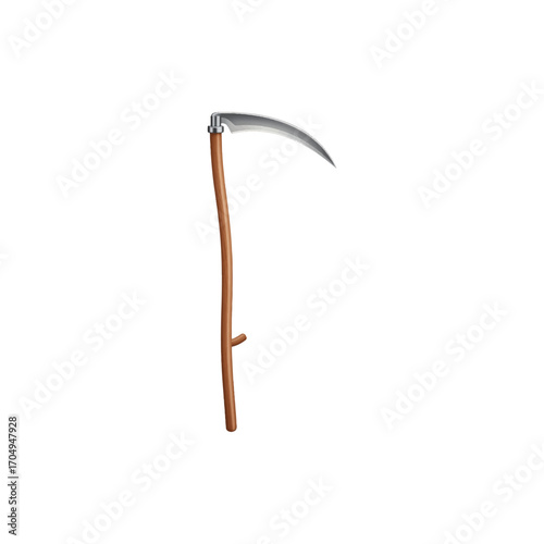 3D vector icon, realistic scythe with long wooden handle and curved blade, agriculture tool