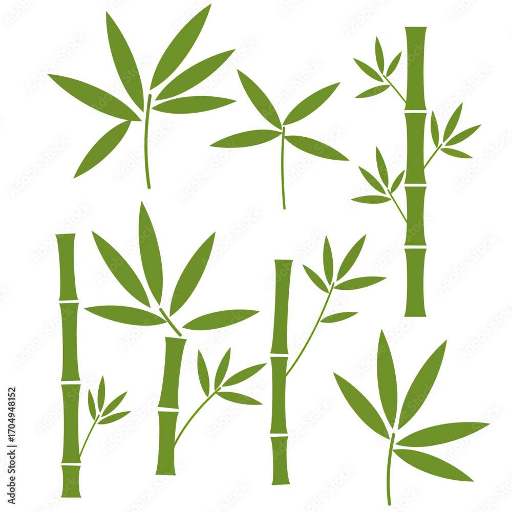 Obraz premium Collection of Bamboo Silhouettes Green Bamboo Leaves and Stems Vector Illustration