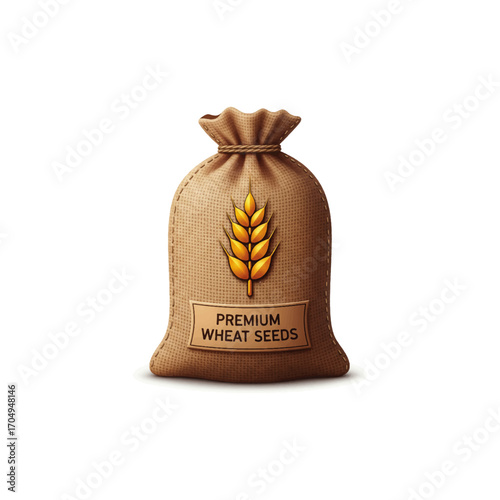 3D vector icon, realistic seed bag with wheat logo, agriculture farming supply