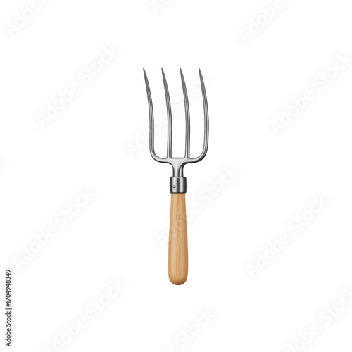3D vector icon, realistic pitchfork with four metal tines and wooden handle, farm tool