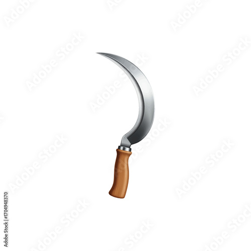 3D vector icon, realistic sickle with curved metal blade and wooden grip, farming tool