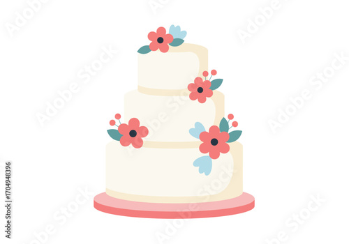 Elegant three-tiered wedding cake adorned with beautiful pink and blue floral decorations, a sweet dessert symbolizing love and celebration