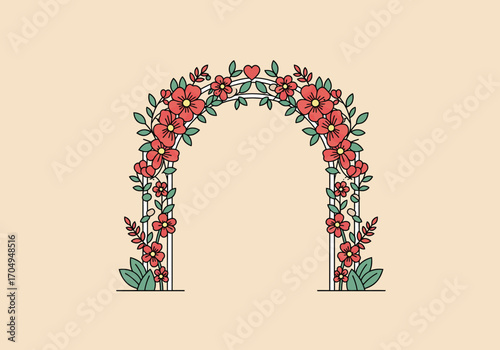 An elegant floral wedding arch decorated with vibrant red flowers and green leaves, creating a romantic gate for a beautiful garden ceremony