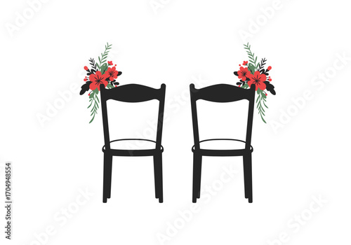 An elegant minimalist illustration of two decorated chairs for a bride and groom, symbolizing union and celebration at a romantic wedding ceremony