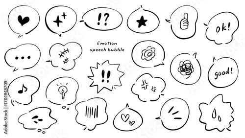 Hand-drawn emotion speech bubble icon set (monochrome) / 手描きの感情吹き出しアイコンセット（モノクロ）