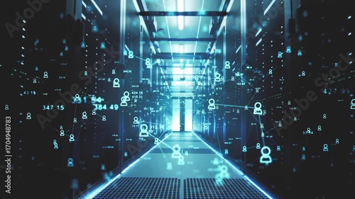 Futuristic server room flythrough with data and network overlays