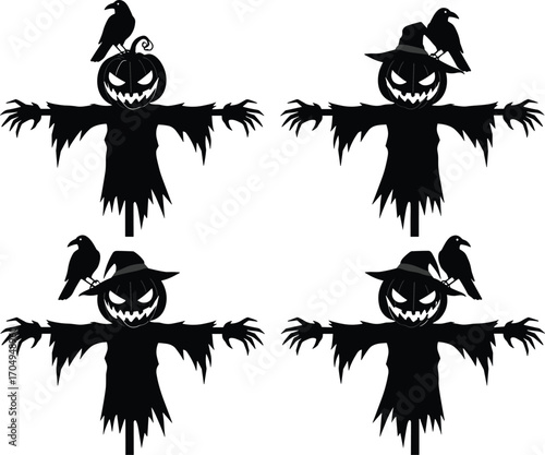 Spooky Halloween scarecrow vector set with pumpkin heads, creepy hands, ravens, witch hats, dark shadows, eerie faces, and haunting Halloween vibes.
