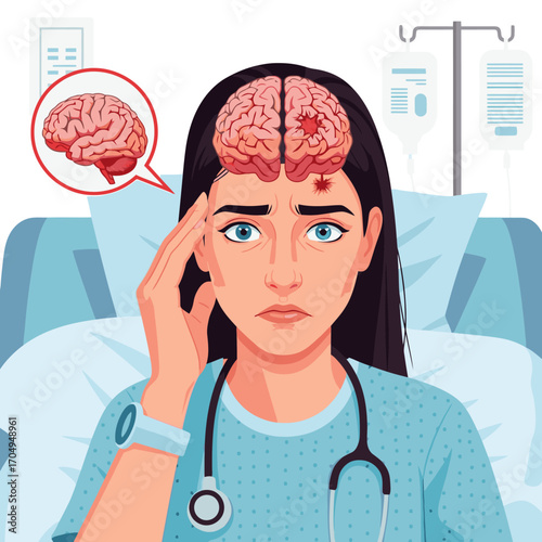 Worried patient in hospital bed suffering from brain trauma or stroke needs neurological care now