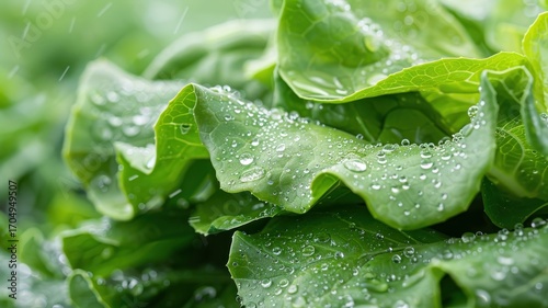 A macro photograph of a dew-kissed lettuce leaf.