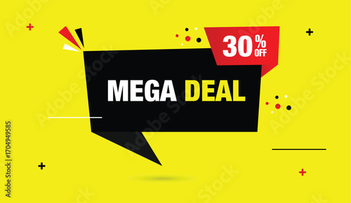 Mega Sale Editable Vector Art Template Design 30% Off Black Red Shapes White Bold Text Yellow Abstract Background Modern Creative Artistic Layout Eye Catching Poster Banner