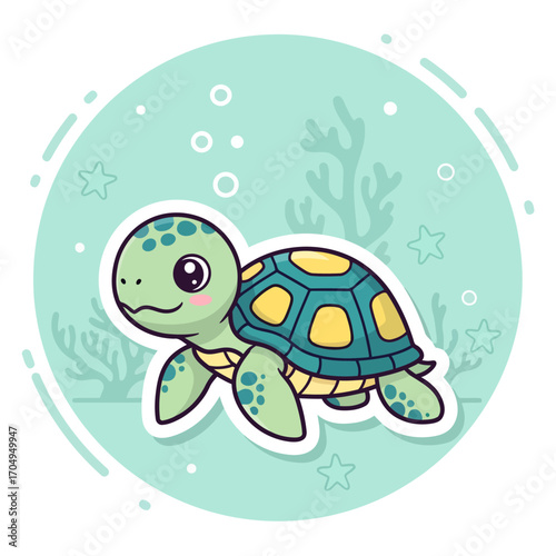 Cute cartoon baby sea turtle swimming in the ocean, a charming aquatic reptile character illustration for children