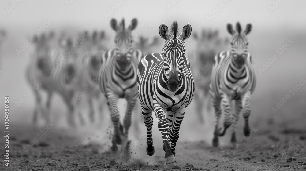 Fototapeta premium A black and white photo of a zebra herd running across the plains.