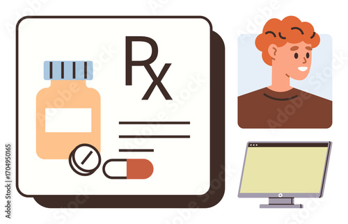 Medicine bottle, pills, Rx symbol, patient portrait, and computer screen. Ideal for telemedicine, digital healthcare, online prescriptions, medical services pharmacy innovation patient records