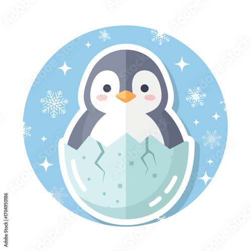 Adorable baby penguin hatching from an egg in a wintery wonderland, perfect for design!