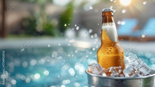 A beer bottle chilling in a bucket of ice, ready to quench thirst on a hot day.