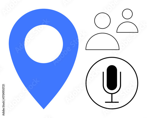 Blue geolocation pin, black microphone in a circle, and two user icons symbolizing navigation, virtual communication, teamwork. Ideal for apps, maps, accessibility, collaboration technology