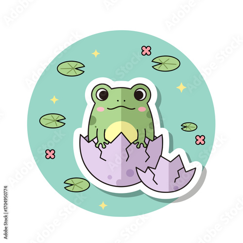 Adorable kawaii frog hatching from a purple egg in a pond with lily pads, cute cartoon amphibian vector illustration sticker