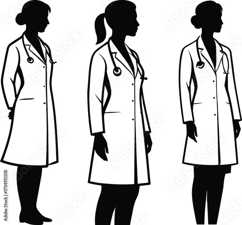 Female doctor silhouette collection three poses medical professional icon set 