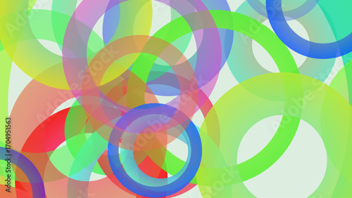 Abstract background with overlapping colorful translucent circles and rings in a vibrant gradient
