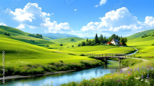 Idyllic countryside landscape with rolling green hills and a peaceful stream