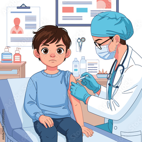 Young boy receiving vaccination from doctor in medical office for health and wellness