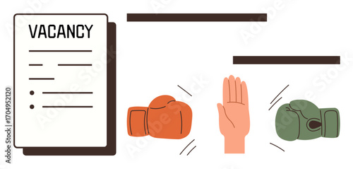 Job listing next to boxing gloves in red and green clashing, mediated by a raised hand. Ideal for conflict resolution, employment, competition, teamwork, decision-making, workplace dynamics, simple