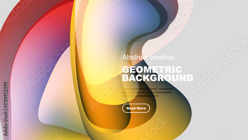 Dynamic colorful shapes overlap, creating abstract background. Text promotes further exploration, modern design elements present.