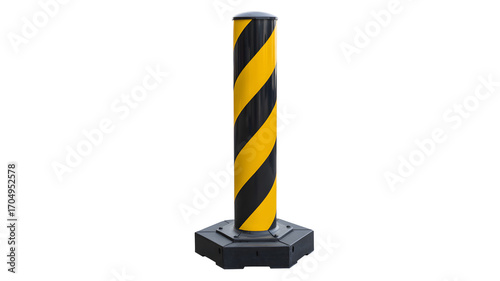Fotografie Sturdy, high-visibility safety bollard with bold yellow and black warning stripes, essential for traffic control and site demarcation