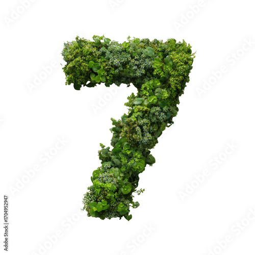 A three-dimensional number seven formed from various small, green plants and moss