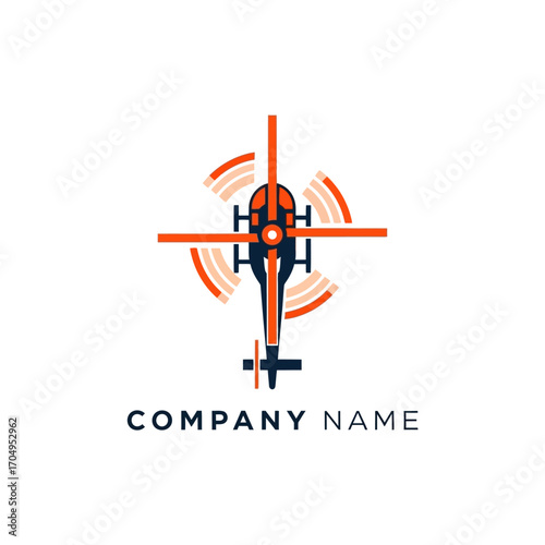 Creative helicopter logo design with spinning rotor blades from a top down perspective.