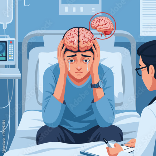 Patient experiencing severe headache and emotional distress while doctor provides support in hospital