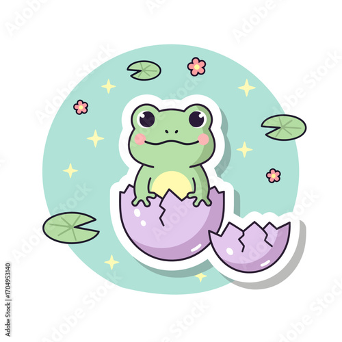 Cute cartoon frog hatching from an egg, surrounded by water lilies and flowers