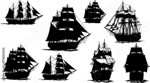 sailing ship silhouette, black and white silhouette, vector and illustration
