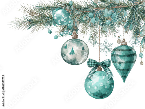 Festive teal Christmas ornaments hang from pine branches, featuring baubles with tree and snowflake designs, creating joyful holiday atmosphere