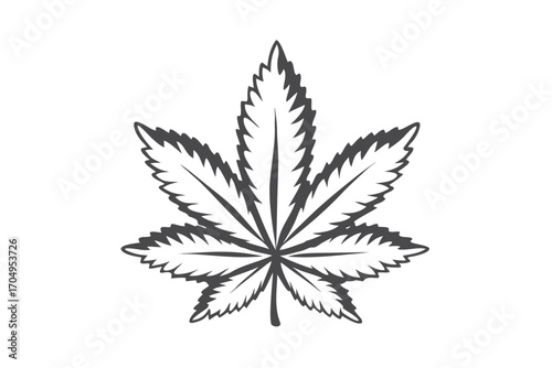 A stylized single cannabis leaf is shown in gray color