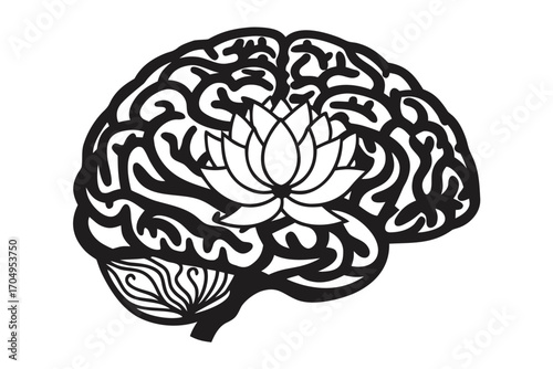 Abstract Black Brain with White Lotus Flower, Artistic Cerebral Anatomy