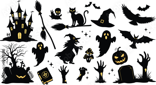 Spooky Halloween Vector Set Featuring Witch, Ghost, Haunted House, Bats, Pumpkins, Zombie Hands, and Magical Elements in Silhouette Style